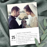 MODERN ZWARTE WITTE TYPOGRAFIE FOTO BEWAREN DE DAT AANKONDIGINGSKAART<br><div class="desc">Een perfect bruiloft collectie voor mensen die op zoek zijn naar een smaakvol gedaan, modern, Scandinavisch gedurfd minimaal thema. Pas het aan met jouw naam, uw trouwdatum, en ben zeker om een speciaal bericht te omvatten. Veel design om te kiezen uit en veel items om te coördineren met. Beschikbaar in...</div>