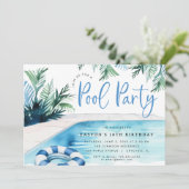 Modern zwembad verjaardagsfeest blauw wit zomer kaart (Staand voorkant)