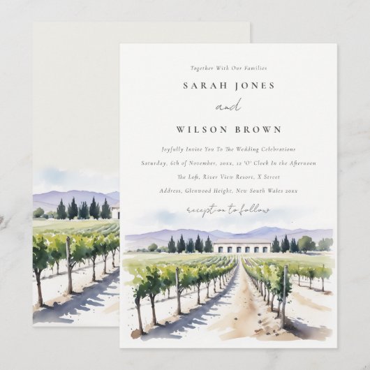 Moderna Moda acuarela Vineyard Boda paisajístico Kaart (Voorkant / Achterkant)