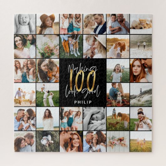 Moderne 100e verjaardagscadeau met multi-fotoscrip legpuzzel (Verticaal)
