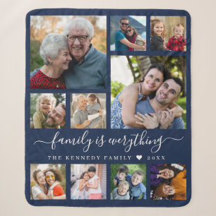 Moderne 10 foto collage citaat familienaam blauw sherpa deken
