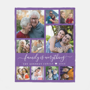 Moderne 10 foto collage familienaam citaat paars fleece deken