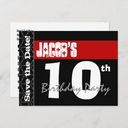 Moderne 10e verjaardag Save the Date Red Black V00 Aankondigingskaart (Voorkant / Achterkant)