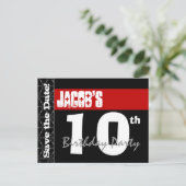 Moderne 10e verjaardag Save the Date Red Black V00 Aankondigingskaart (Staand voorkant)