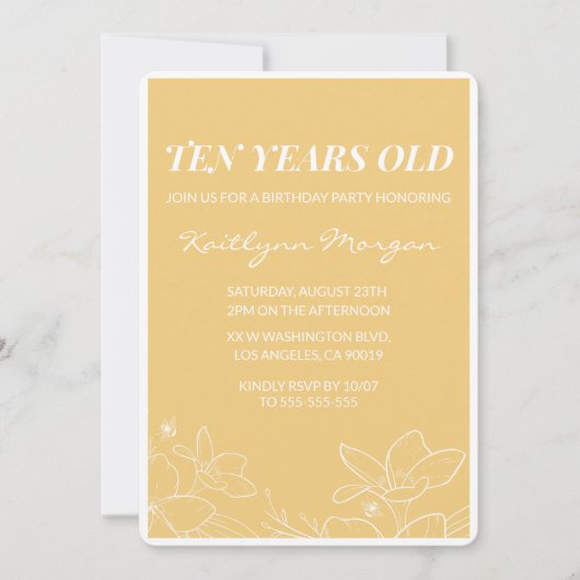 Moderne 10e verjaardag uitnodigingen Floral Yellow (Voorkant)