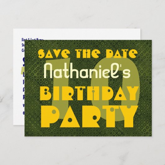 Moderne 10e verjaardagsfeest Save the Date Green V Aankondigingskaart (Voorkant / Achterkant)