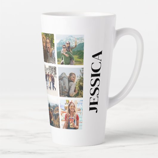 Moderne 12 foto collage monogram naam latte mok (Rechts)