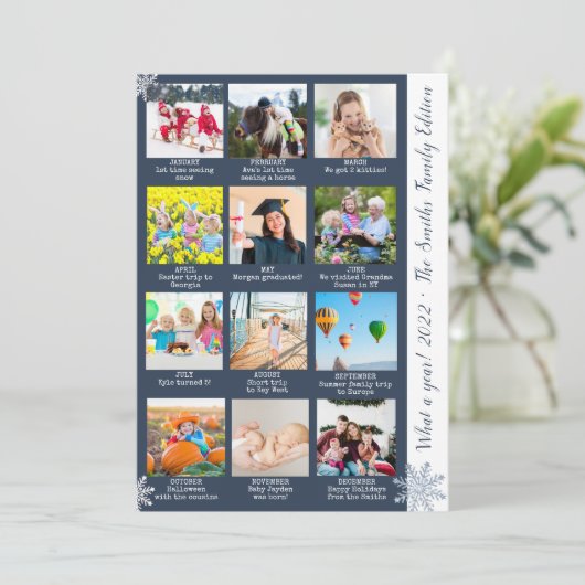 Moderne, 12 jaar foto-collage blauw kerstfeest feestdagenkaart (Staand voorkant)