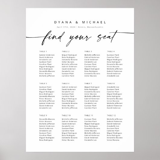 Moderne 12 Tafels Vind uw Zitplaatskaart Poster (Voorkant)