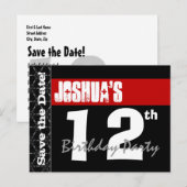 Moderne 12e verjaardag Save the Date Red Black V00 Aankondigingskaart (Voorkant / Achterkant)