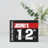 Moderne 12e verjaardag Save the Date Red Black V00 Aankondigingskaart (Staand voorkant)