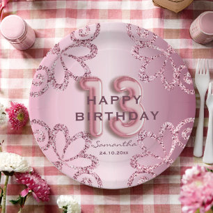 Moderne 13e verjaardag Roze ballon & glitters Papieren Bordje
