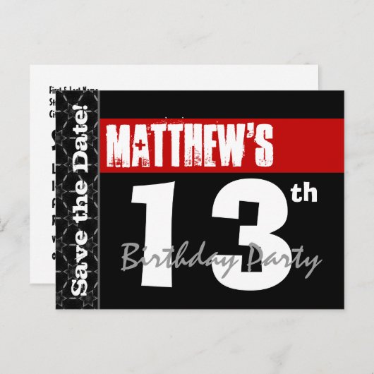 Moderne 13e verjaardag Save the Date Red Black V00 Aankondigingskaart (Voorkant / Achterkant)