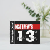 Moderne 13e verjaardag Save the Date Red Black V00 Aankondigingskaart (Staand voorkant)