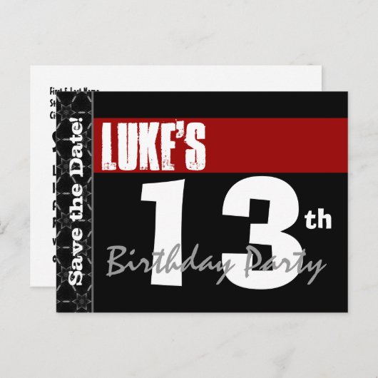 Moderne 13e verjaardag Save the Date Red Black V03 Aankondigingskaart (Voorkant / Achterkant)
