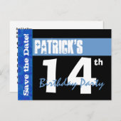 Moderne 14e verjaardag Bewaar de datum Zwart Blauw Aankondigingskaart (Voorkant / Achterkant)