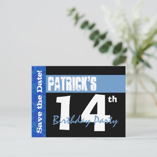 Moderne 14e verjaardag Bewaar de datum Zwart Blauw Aankondigingskaart (Staand voorkant)