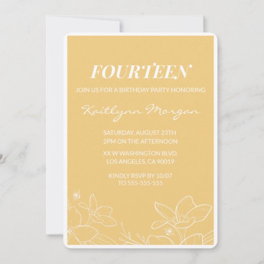Moderne 14e verjaardag uitnodigingen Floral Yellow (Voorkant)