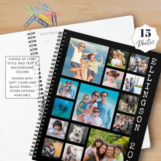 Moderne 15 foto-collage familie, zwart op maat planner