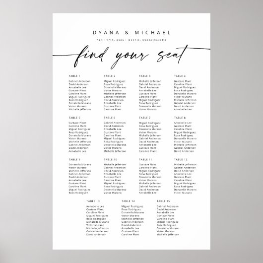 Moderne 15 Tafels Vind Uw Zitplaatskaart Foam Poster (Voorkant)