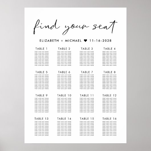 Moderne 16 tafel bruiloft zitgrafiek poster (Voorkant)