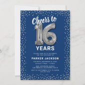 Moderne 16e verjaardag blauw zilver kaart (Voorkant)
