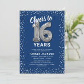 Moderne 16e verjaardag blauw zilver kaart (Staand voorkant)