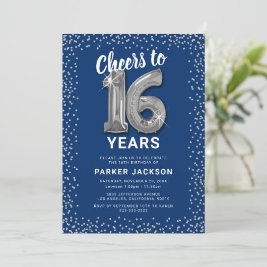 Moderne 16e verjaardag blauw zilver kaart (Staand voorkant)