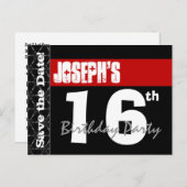 Moderne 16e verjaardag Save the Date Red Black V00 Aankondigingskaart (Voorkant / Achterkant)