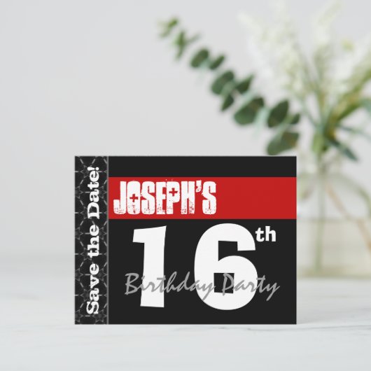 Moderne 16e verjaardag Save the Date Red Black V00 Aankondigingskaart (Staand voorkant)