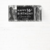 Moderne 16e Zilveren Glitter & Fotoverjaardag Spandoek (Insitu)