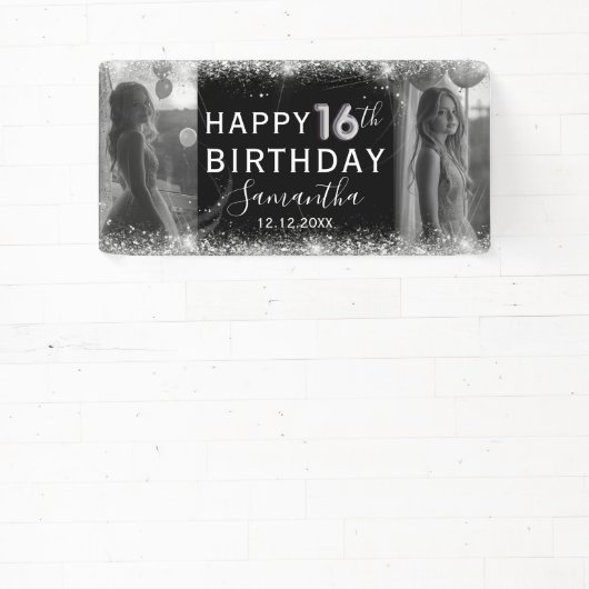 Moderne 16e Zilveren Glitter & Fotoverjaardag Spandoek (Insitu)