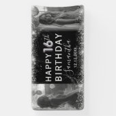 Moderne 16e Zilveren Glitter & Fotoverjaardag Spandoek (Verticaal)