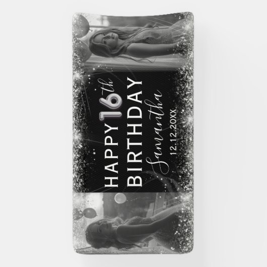 Moderne 16e Zilveren Glitter & Fotoverjaardag Spandoek (Verticaal)