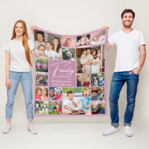 Moderne 17 Foto Collage Familie Naam Citaat Lavend Fleece Deken
