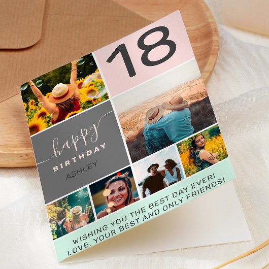 Moderne 18e verjaardag roze 6 foto collage grid kaart