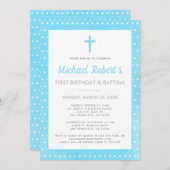 Moderne 1e verjaardag doop jongen blauw polka dot kaart (Voorkant / Achterkant)