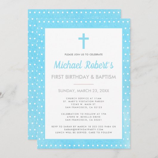 Moderne 1e verjaardag doop jongen blauw polka dot kaart (Voorkant / Achterkant)