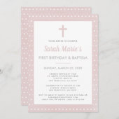 Moderne 1e verjaardag doop meisje roze polka dot kaart (Voorkant / Achterkant)