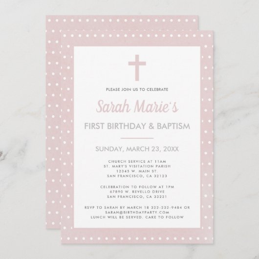 Moderne 1e verjaardag doop meisje roze polka dot kaart (Voorkant / Achterkant)