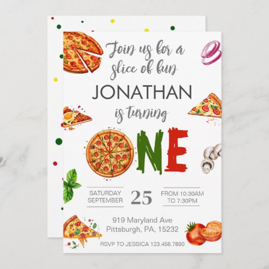 Moderne 1e Verjaardag Pizza Eerste Verjaardag Kaart (Voorkant / Achterkant)