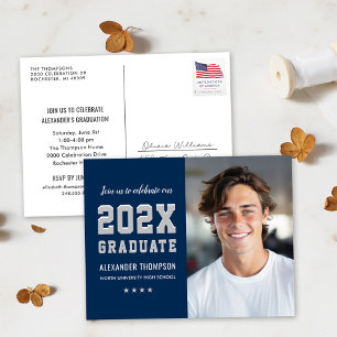 Moderne 2023 afgestudeerde Navy Gray Foto Afstuder Uitnodiging Briefkaart