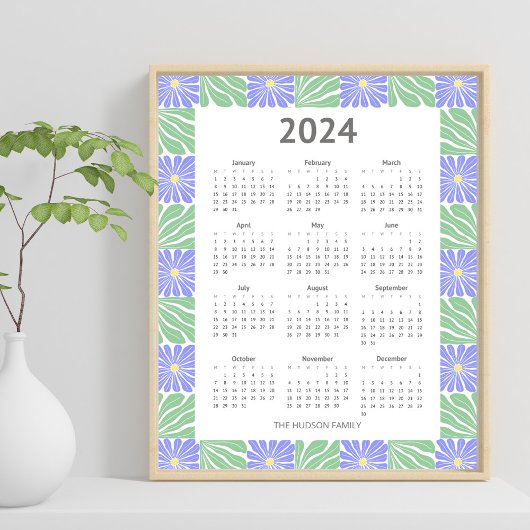 Moderne 2024 geometrische bloemenpatroon kalender poster