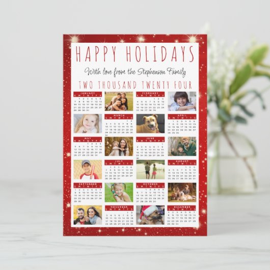 Moderne 2024 Kalender 12 Foto Rood Wit Lichten Feestdagenkaart (Staand voorkant)