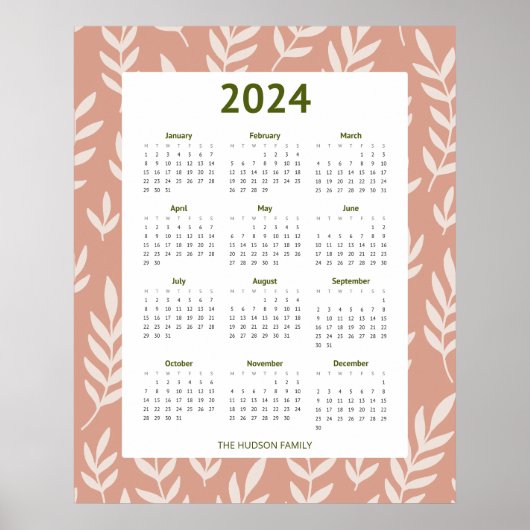 Moderne 2024 Peachy Leaf Patroon Kalender Poster (Voorkant)