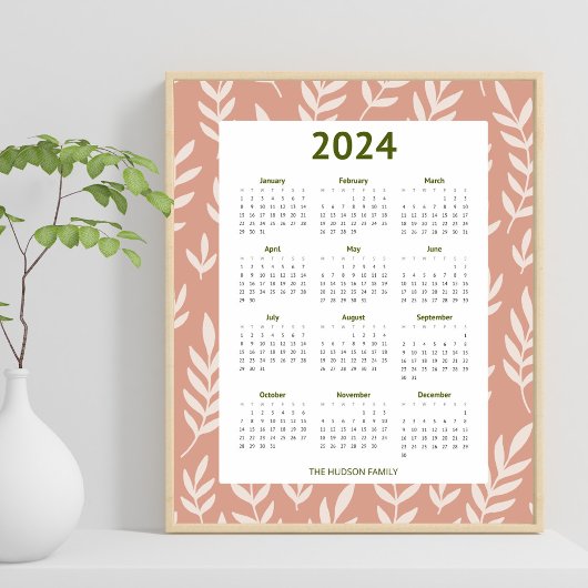 Moderne 2024 Peachy Leaf Patroon Kalender Poster