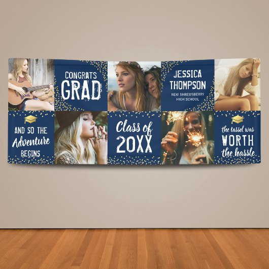Moderne 2025 Afstuderen Navy & Gold Photo Banner