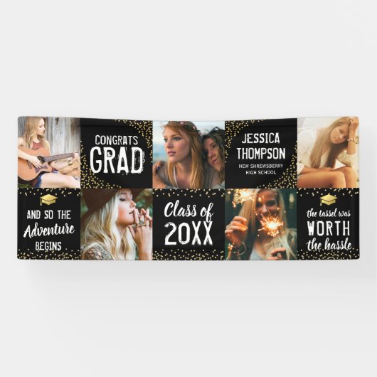 Moderne 2025 Afstuderen Zwart & Goud Foto Spandoek (Horizontaal)