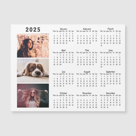 Moderne 2025 Kalender 3 Foto Collage Magneet Kaart (Voorkant)