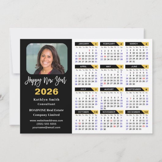 Moderne 2025 Kalender Bedrijfsfoto Zwart Goud Feestdagenkaart (Voorkant)
